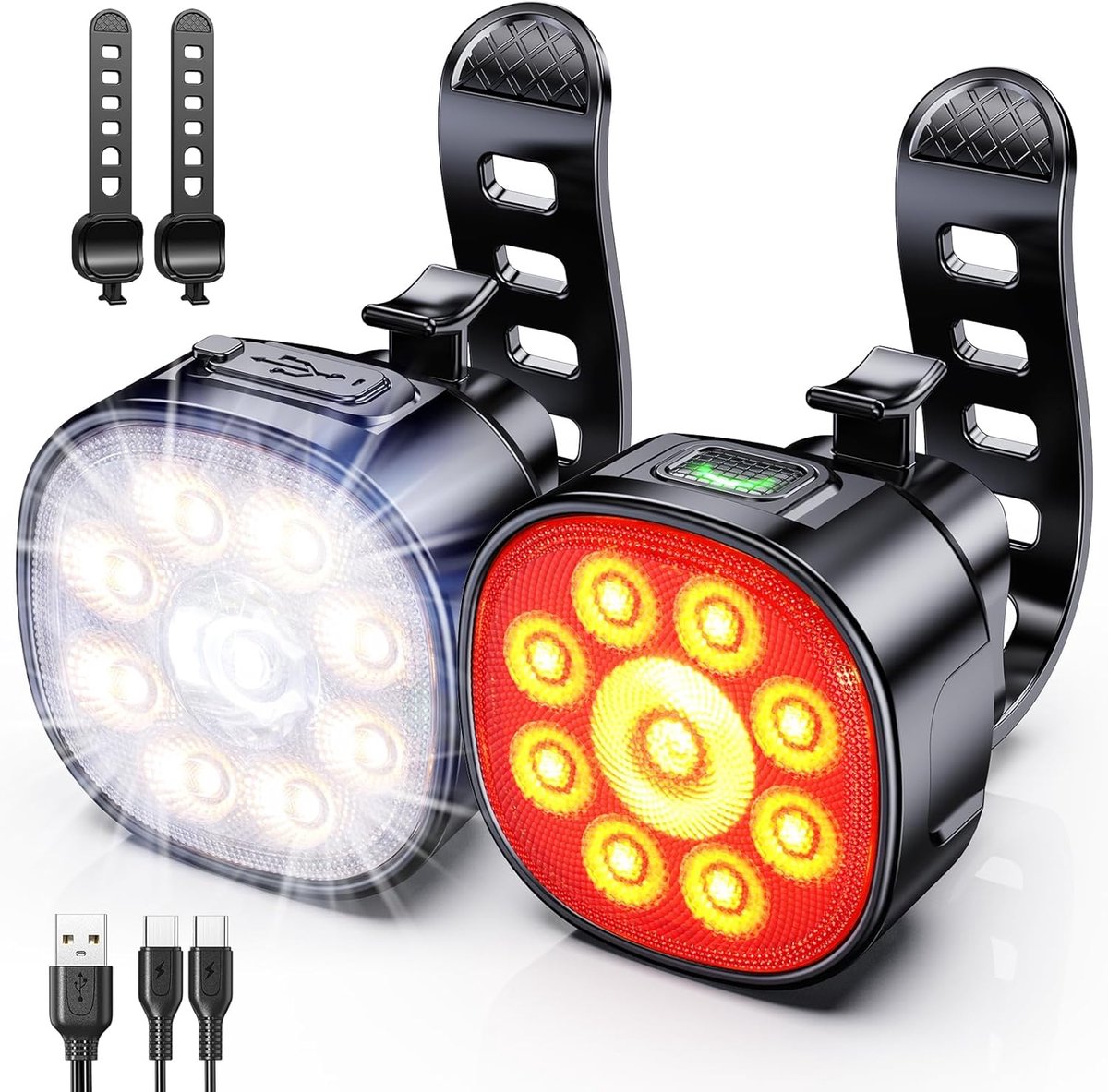 Superheldere fietslamp, oplaadbare fietslampenset, meerdere standen, waterdichte fietslamp, geschikt voor nachtritten/fietsveiligheid, reflectoren voor en achter, lange batterijduur.