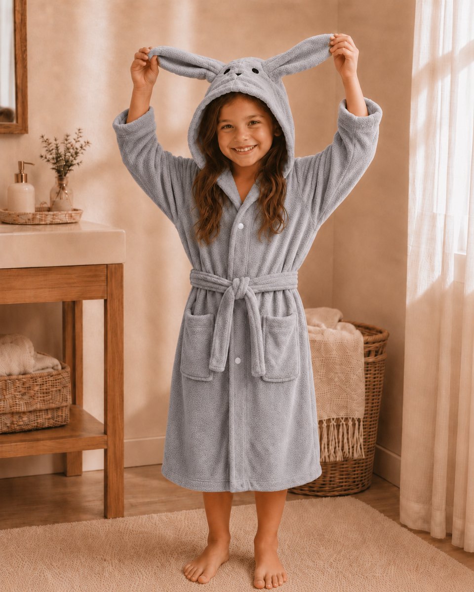 Kinderbadjas | Grijs | 3 - 8 jaar | Met drukknopen | Konijn | Badjas | Polyester | Kind
