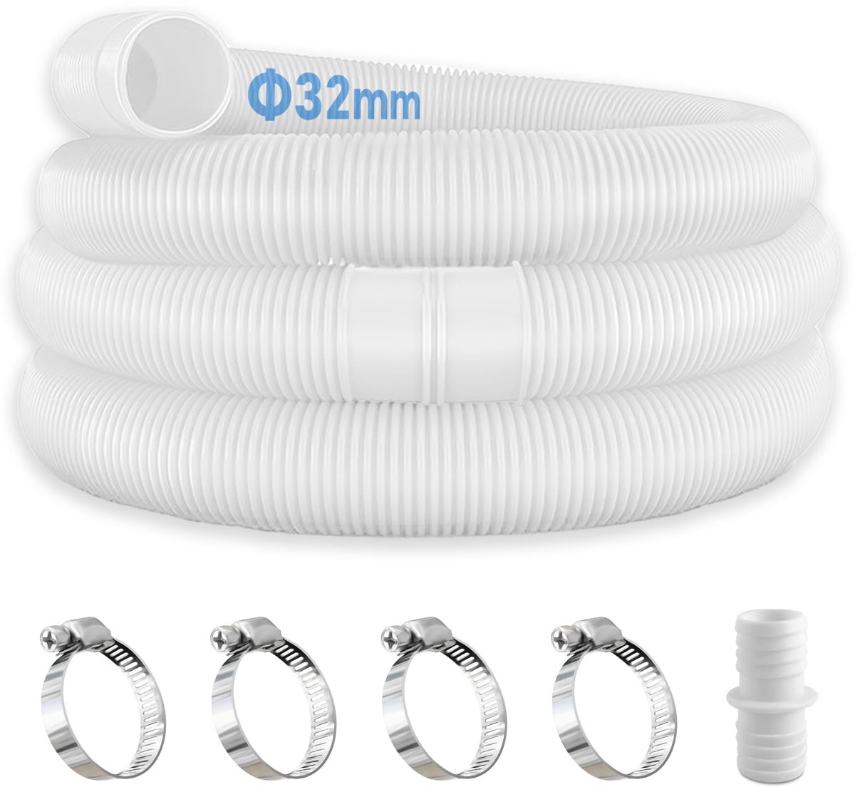 Set van 2 zwembadslangen van 32 mm voor zwembadpompen met 4 veiligheidsclips en 1 slangaansluiting, zwembadslang van 150 cm en 32 mm, voor filterpomp en zwembad