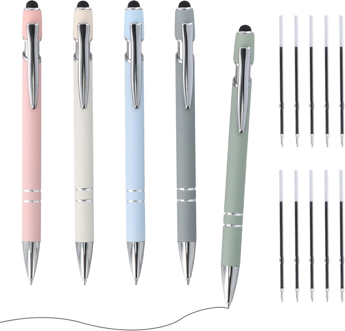 5 balpennen 2-in-1 met touchpen, metalen balpen met anti-slip gripzone, grote balpen set voor kantoor en huishouden, inclusief 10 reservevullingen, lijndikte 0,7 mm, zwart