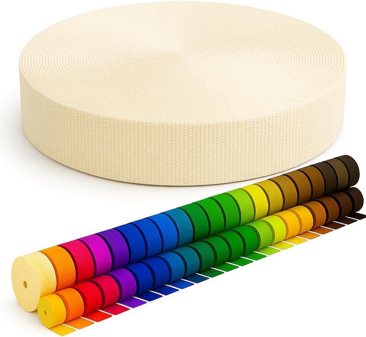 2 m, 5 m, 10 m, 50 m lang, 50 kleuren, breedtes: 10 mm, 15 mm, 20 mm, 25 mm, 30 mm, 40 mm, 50 mm, tasriem van polypropyleen, ideaal voor doe-het-zelfprojecten en handwerk, 031