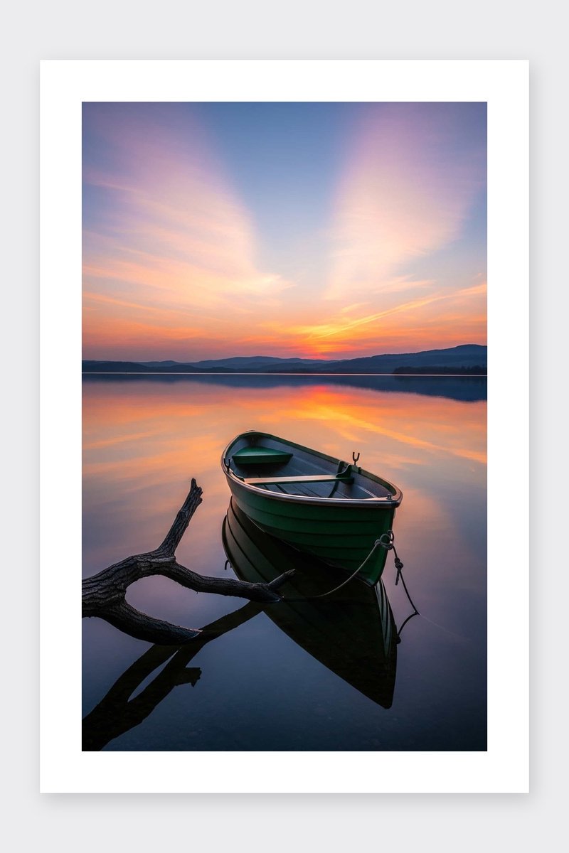 Boot Poster - Natuur Posters - Meer - Fotografie - Landschap - Passe-Partouts Effect - Wanddecoratie Woonkamer - 180 gram papier - B6818 - Formaat 60 x 90cm