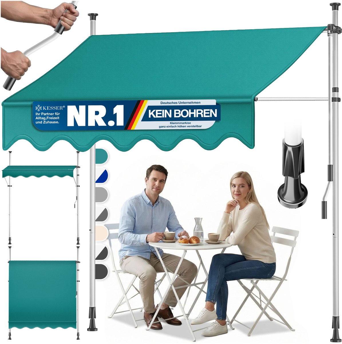 KESSER® Klemluifel met handslinger - Balkonluifel zonder boren - UV-bestendig - Petrolgroen 400 cm