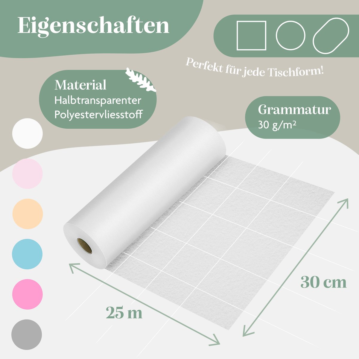 KESSER® Vlies Tafelloper Modern - 30 cm x 25 m - afwasbaar en waterafstotend - tafeldecoratie - Wit