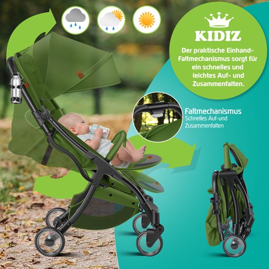 KIDIZ® Kinderwagen Premium - inklapbare buggy met ligstand - 360° wielen en 5-puntsgordel - khaki van Kidiz — afbeelding 4