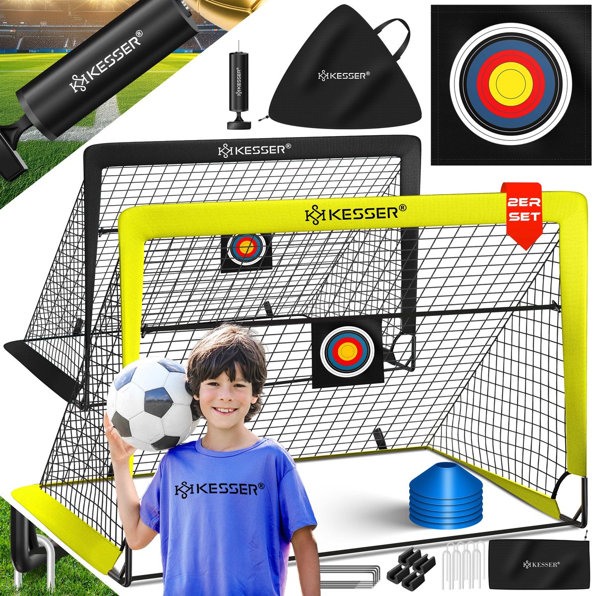 KESSER® Voetbaldoel 2-delige set - Pop-up doel 120x90x90 cm - Met trainingsaccessoires - Zwart/geel