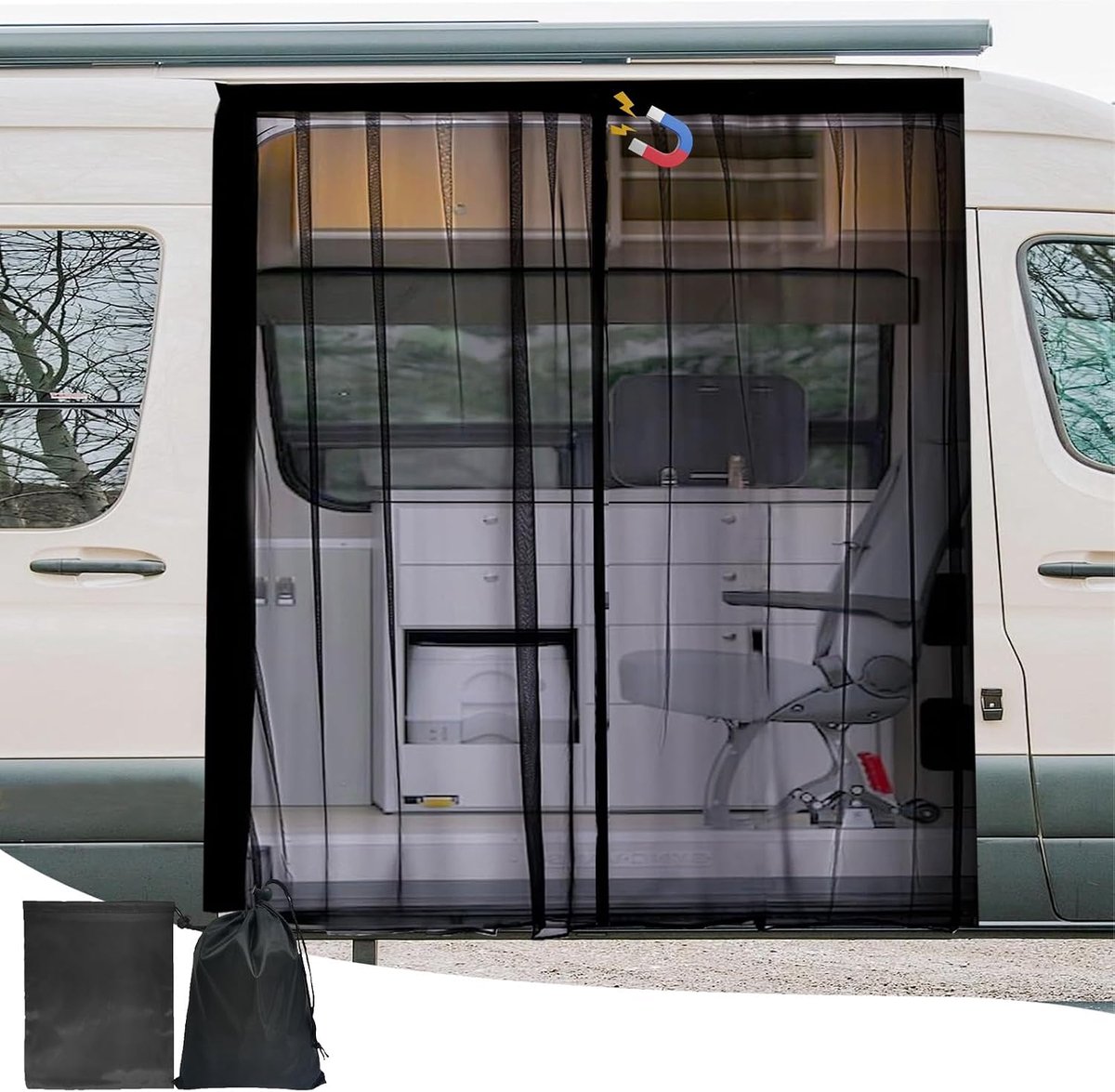 Muggennet voor VW T5 T6 schuifdeur/achterdeur, insectennet met magneetsluiting voor bestelwagens, campers, caravans (muggennet voor zijdeur)