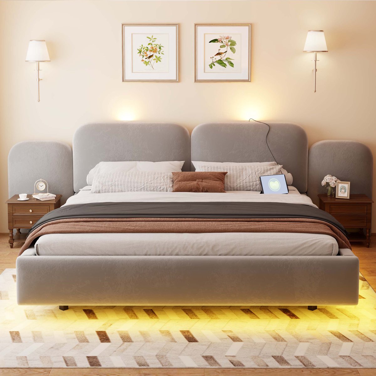 VVBV Bed met Opbergruimte 180x200 – Gestoffeerd Tweepersoonsbed van Fluweel met Hydraulische Opbergruimte, Lades, Lattenbodem en Opberghoofdbord – Grijs