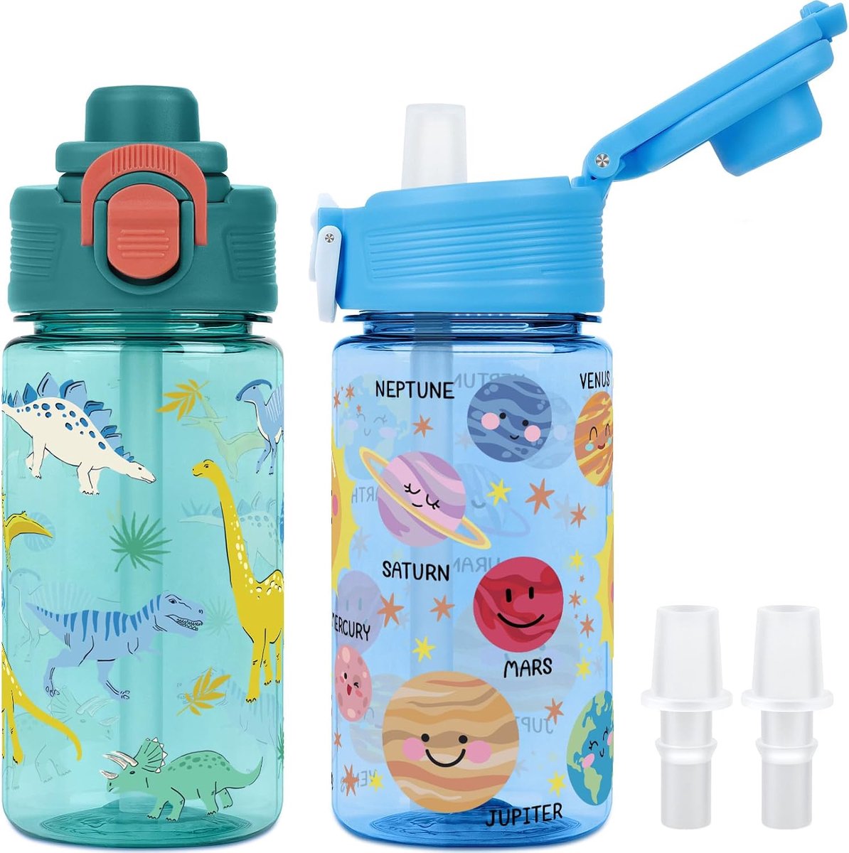 Drinkfles voor kinderen, 380 ml, met rietje, veiligheidssluiting en bijt-zuig-drinktuit, lekvrij, voor wandelen, sport, BPA-vrij, voor jongens, meisjes, kinderen, 2 stuks