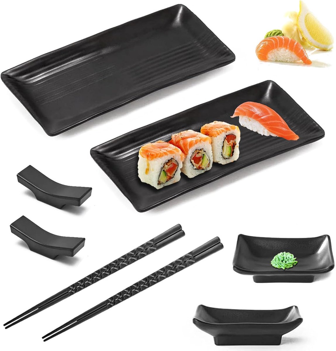 Sushi-Serviesset 8 Stuks met Sushi-Borden, Dipschalen, 2 Paar Eetstokjes, 2 Eetstokjeshouders, Geschikt voor Restaurants, Gezinnen en Hotels