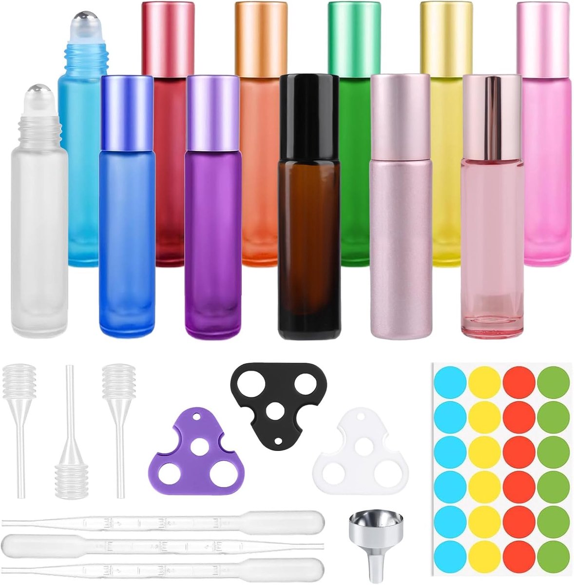 Roll-on glazen flessen van 10 ml voor etherische oliën, leeg met roestvrijstalen bal, opener, druppelaar en trechter, kleurrijk voor parfum, massage, aromatherapie (10 ml)