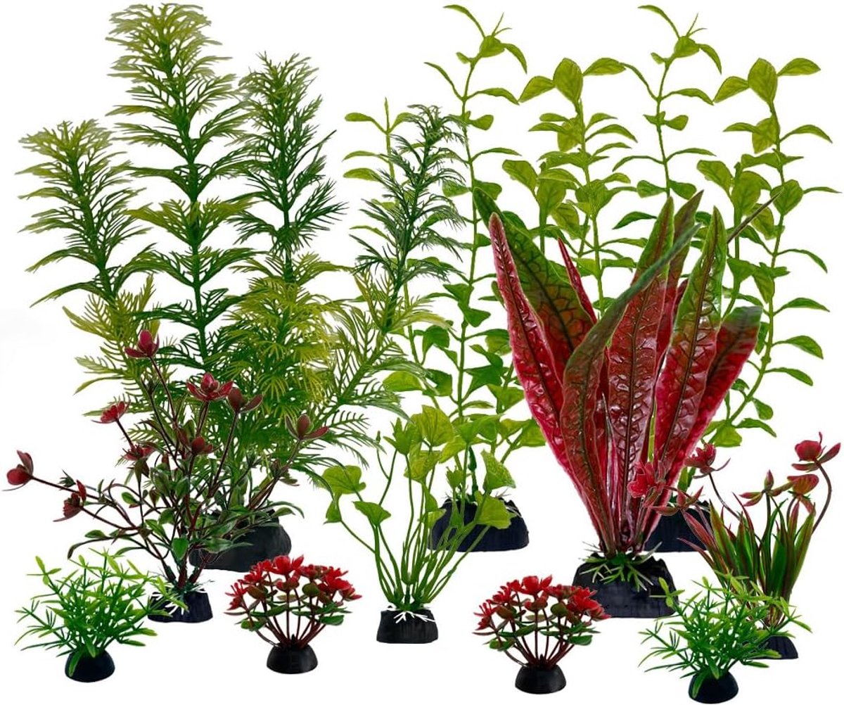 11 stuks aquariumdecoratie, aquariumplanten, kunstmatige aquariumplanten, accessoires, planten, kunstmatige decoratieset, plastic planten (groen, rood)