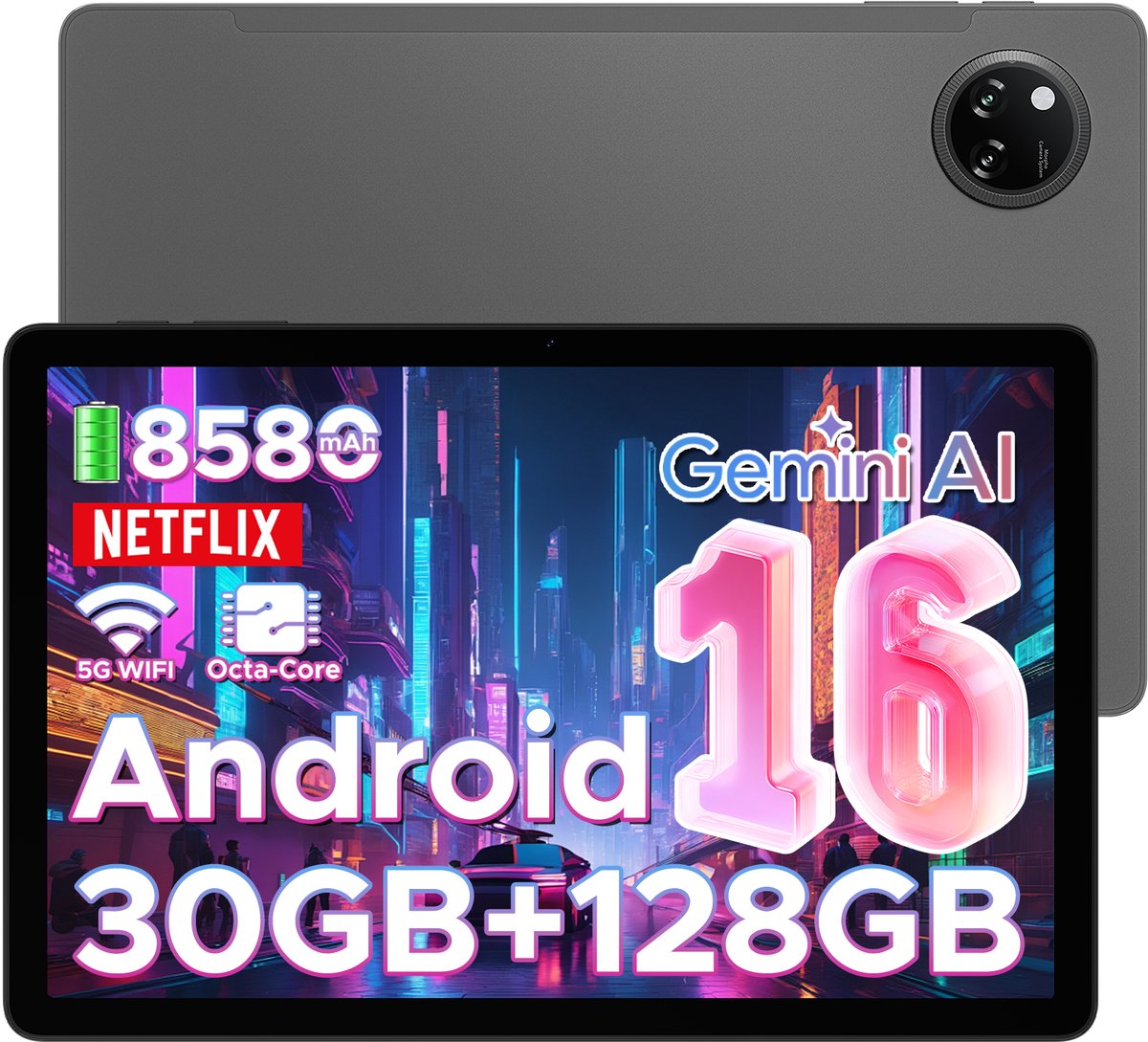 DOOGEE Tab A9 Pro+ - Tablet - 30GB RAM (6GB+24GB) - 128GB ROM（TB/TF）- 11Inth 90Hz HD+ - 8580mAh - Android 16 - Unisoc T7200 - Dual Speakers - Grijs