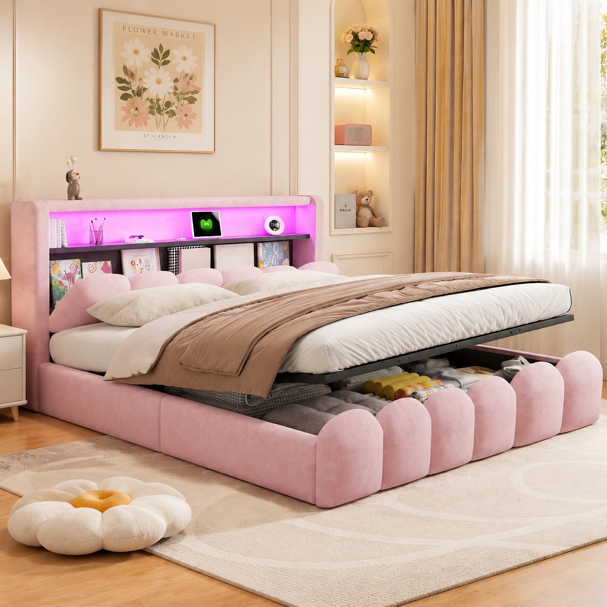 VVBV Bed met Opbergruimte 180x200 – Gestoffeerd Tweepersoonsbed van Upholstered met Hydraulische Opbergruimte, Lades en Opberghoofdbord – Roze