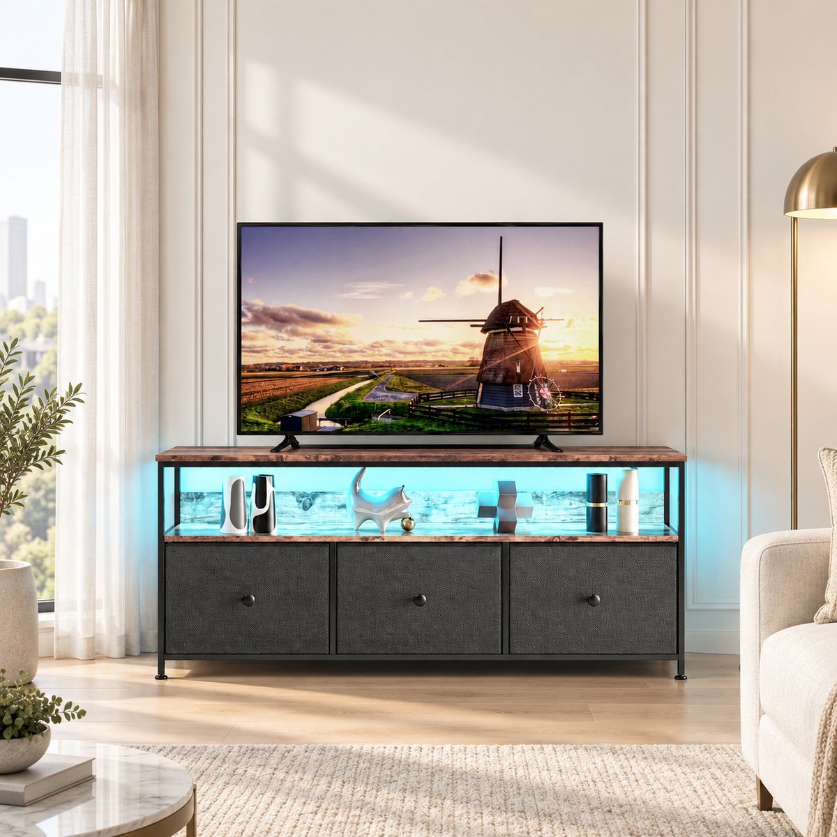 MEXUS TV-Standaard, LED TV-Standaard, TV-Standaard Opbergruimte, 3 Stoffen Lades, Geïntegreerde Opbergoplossingen, Geoptimaliseerde Kijkervaring Verbeterde Esthetiek (Zwart, 108cm)