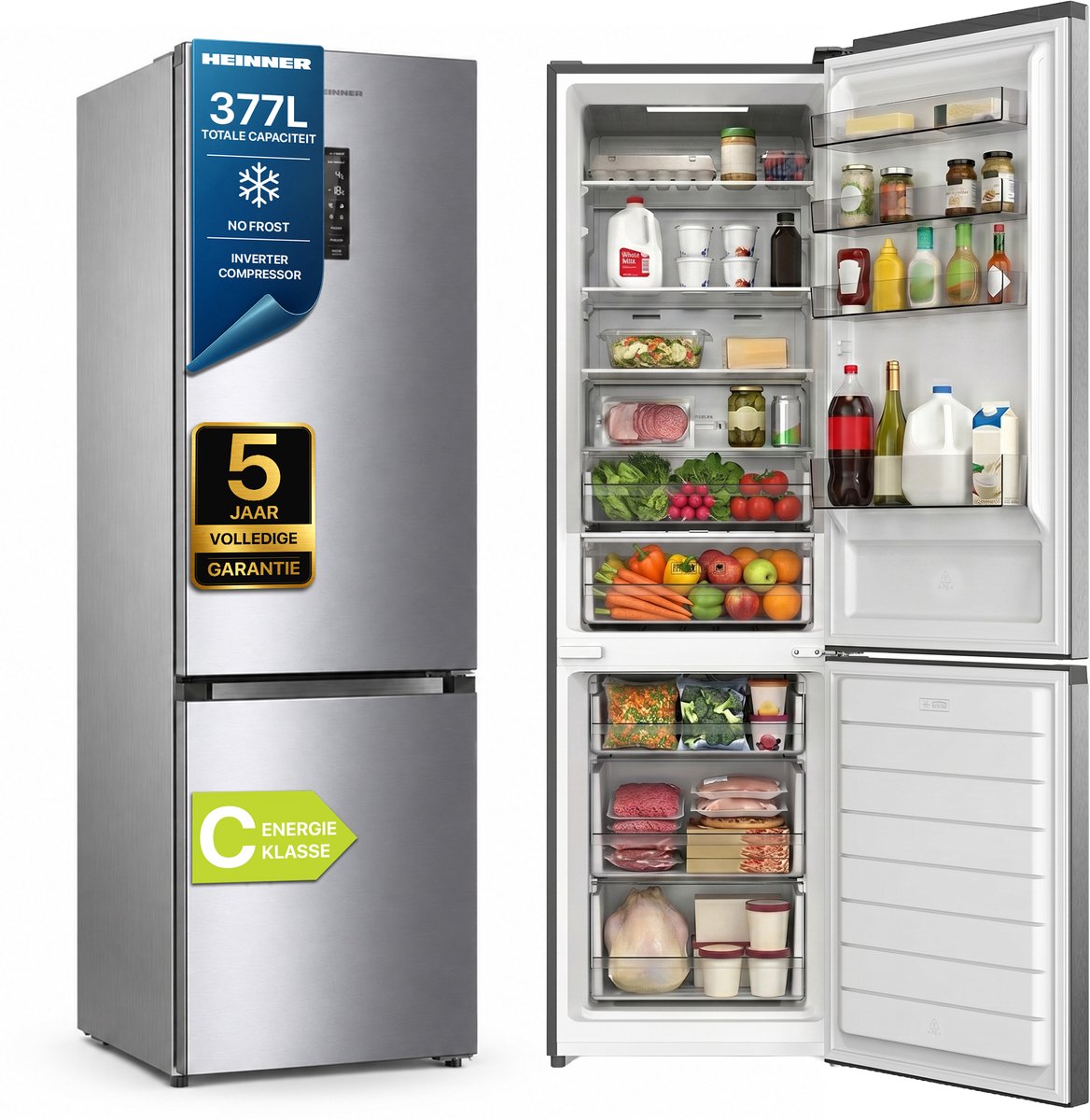 Heinner HCNF-HM377INVXC Koel-vriescombinatie 377 L – Full No Frost – Touchbediening met LED-display – Holiday-functie – Super-functie – RVS – 5 Jaar Garantie