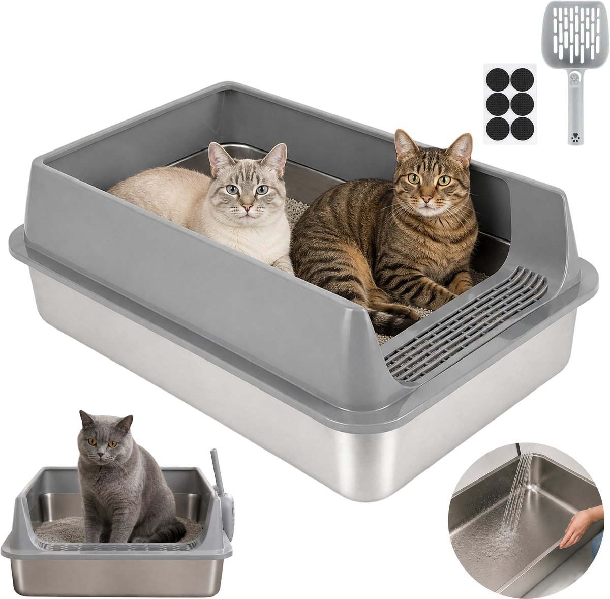 CHICFURN Extra Grote Kattenbak voor Grote Katten en Huishoudens met Meerdere Katten, RVS Kattenbak 60 x 40 x 20 cm met Kattenbakschep, Hoge Zijranden, Lekvrije Voetplaat en Afneembare Onderdelen, Grijs