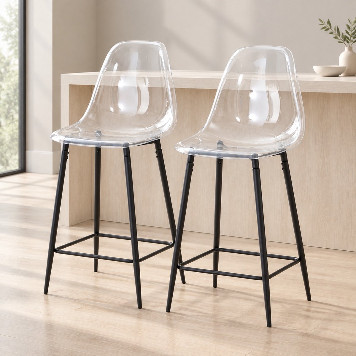 REDOM Barkruk - Set van 2 - Transparante kunststof zitting - Rugleuning en voetsteun - Metalen onderstel - Designstijl - Transparant en Zwart - 101,6 x 43 x 50,8 cm