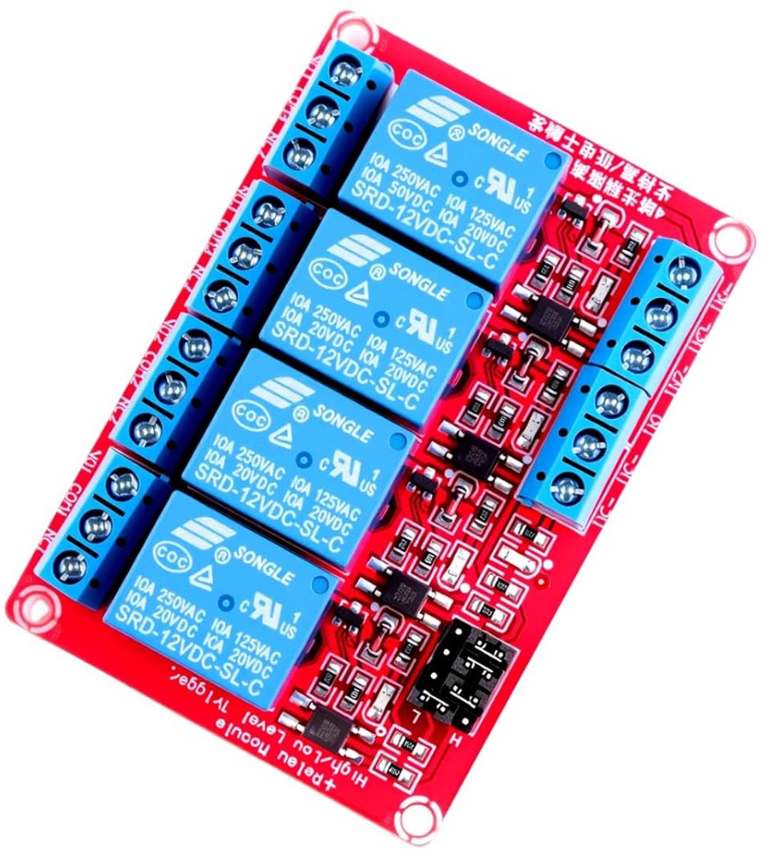 12V 4-kanaals relaismodule - 250V AC/10A - optocoupler isolatie - ideaal voor motoren en lampen - ShopVlot