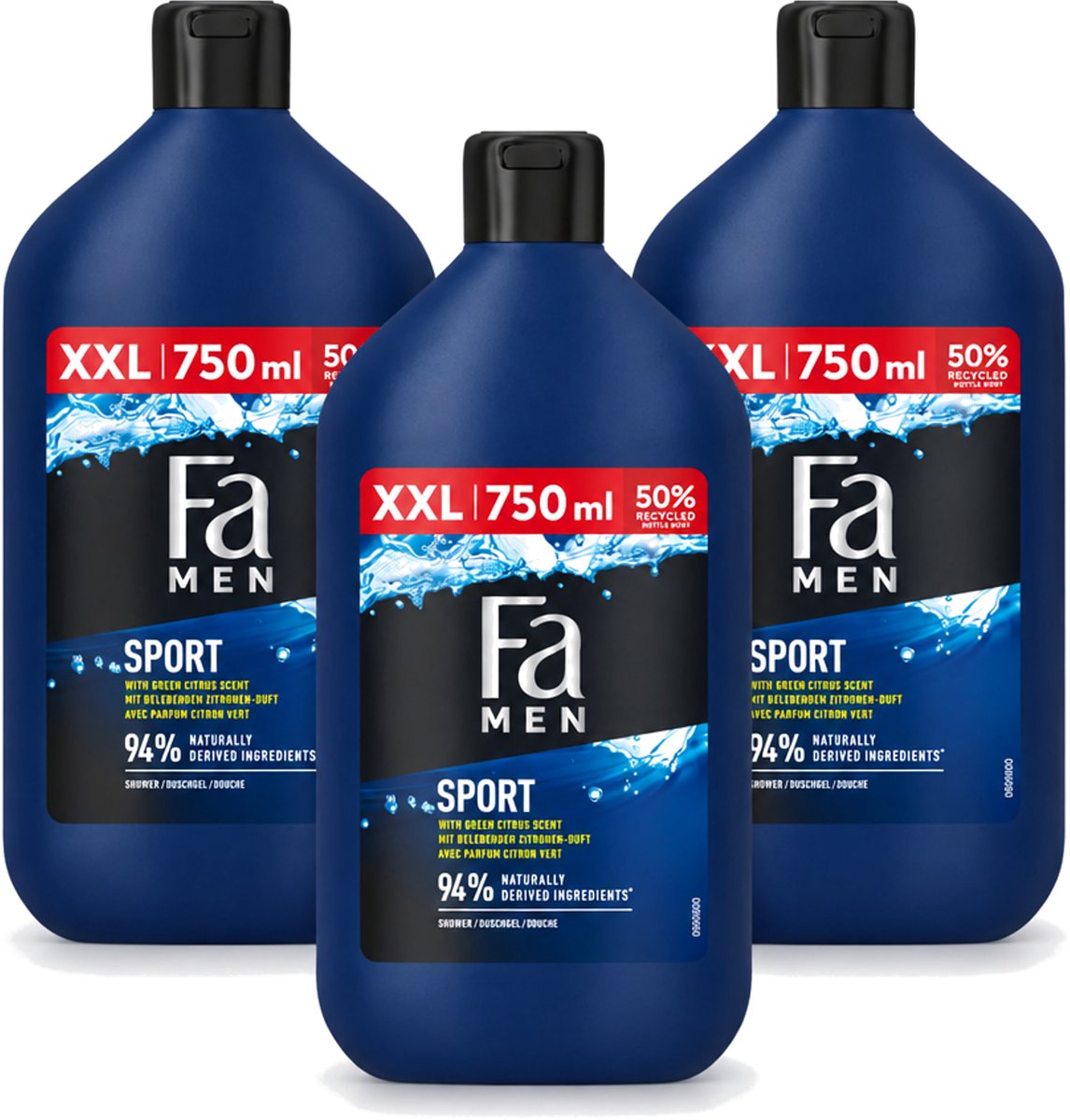 3 x Fa Men - Sport - Douchegel - Groene Citrus - 750 ml - Voordeelverpakking - 3 stuks
