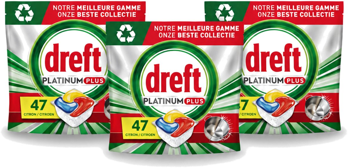3 x Dreft Platinum Plus - All In One - Vaatwascapsules - Anti-Matt Technologie - Citroen - 47 Afwasbeurten - Voordeelverpakking - 3 stuks