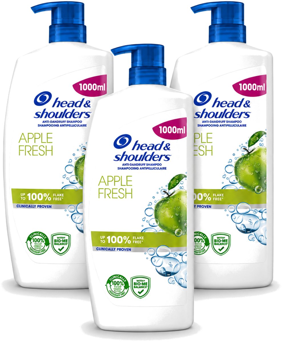 3 x Head & Shoulders - Anti-Roos Shampoo - Apple Fresh - Pompflacon - 1000 ml - Voordeelverpakking - 3 stuks
