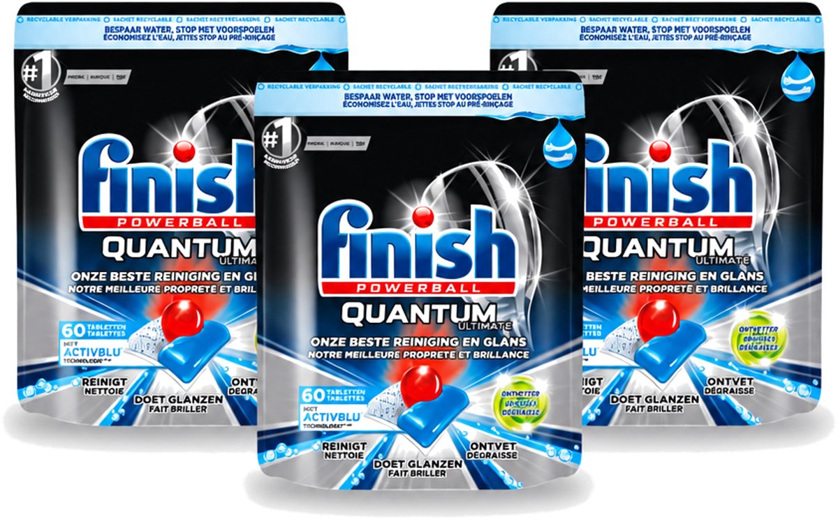 3 x Finish Powerball - Quantum Ultimate - Vaatwastabletten - Ontvetter - 60 Tabletten - Voordeelverpakking - 3 stuks