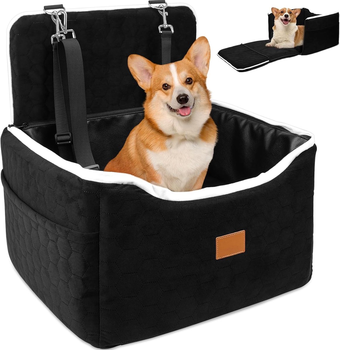 SnelShoppen - Hondenautostoel voor kleine tot middelgrote honden, extra stabiel, zwart, hondenzitje, veilig autorijden, universele maat, ideaal voor r