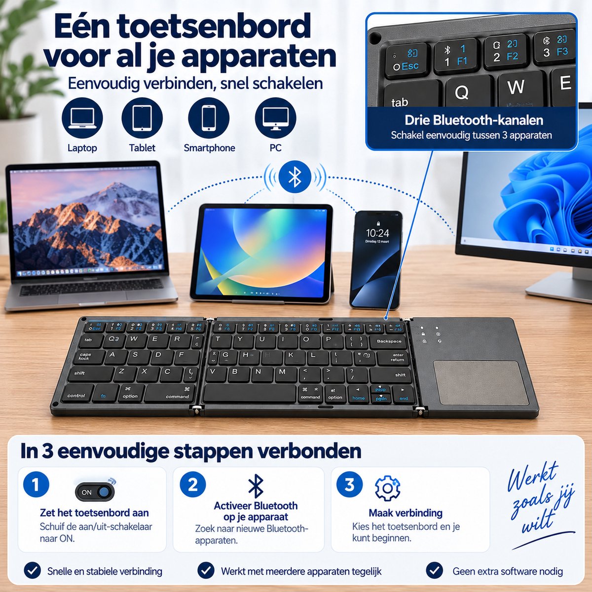 IMENGINE® Opvouwbaar Bluetooth Toetsenbord met Touchpad – Draadloos QWERTY Keyboard – 197g – Voor Tablet, iPad, Smartphone, Laptop & PC – Oplaadbaar — cadeau in Gadgets - foto 6