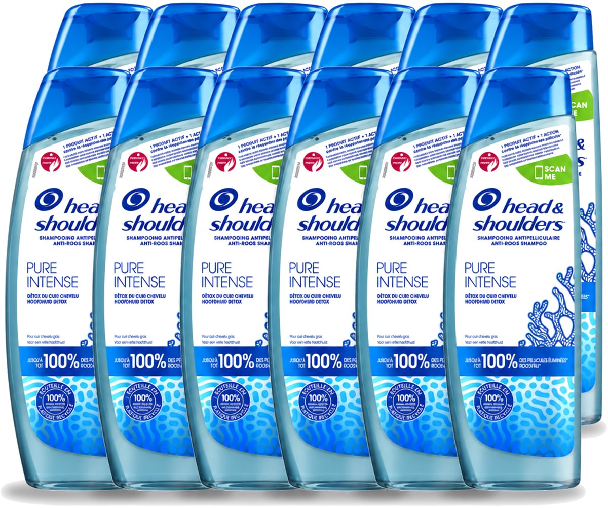 12 x Head & Shoulders - Anti-Roos Shampoo - Pure Intense - Hoofdhuid Detox - 250 ml - Voordeelverpakking - 12 stuks