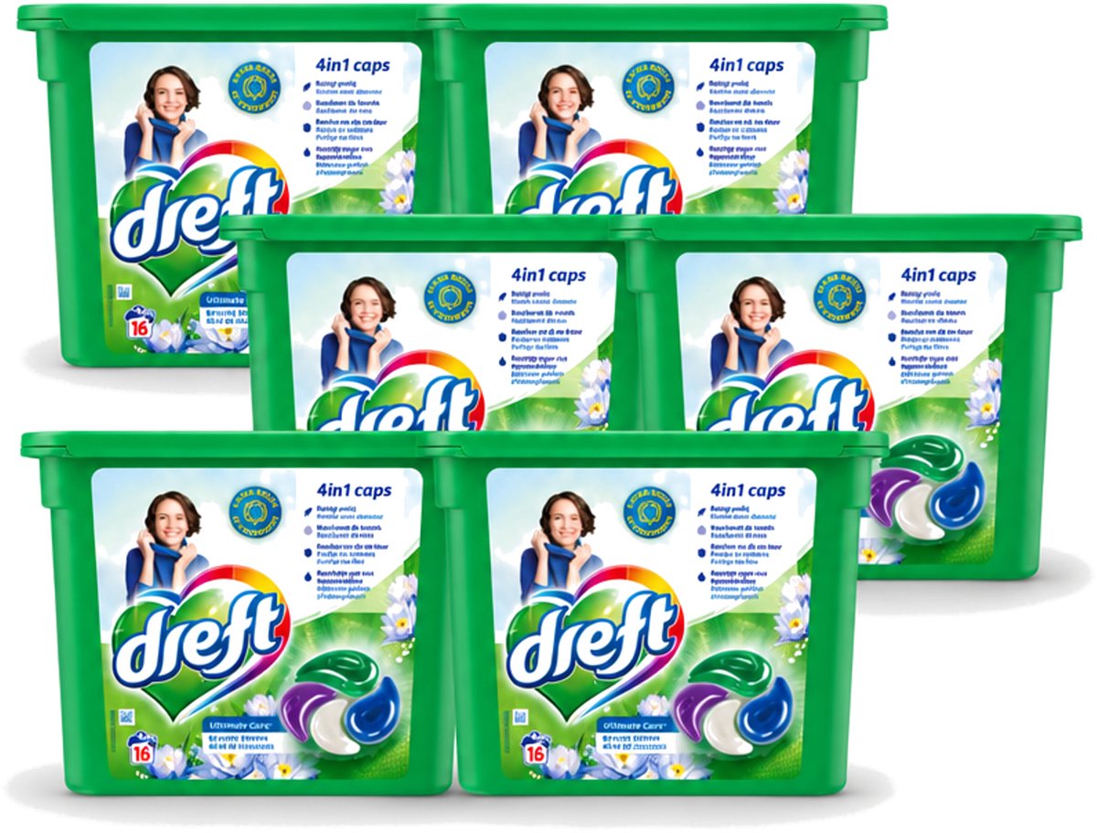 6 x Dreft - Wasmiddelcapsules 4in1 - Gekleurde Was - Blauwe Droom - 16 Wasbeurten - Voordeelverpakking - 6 stuks