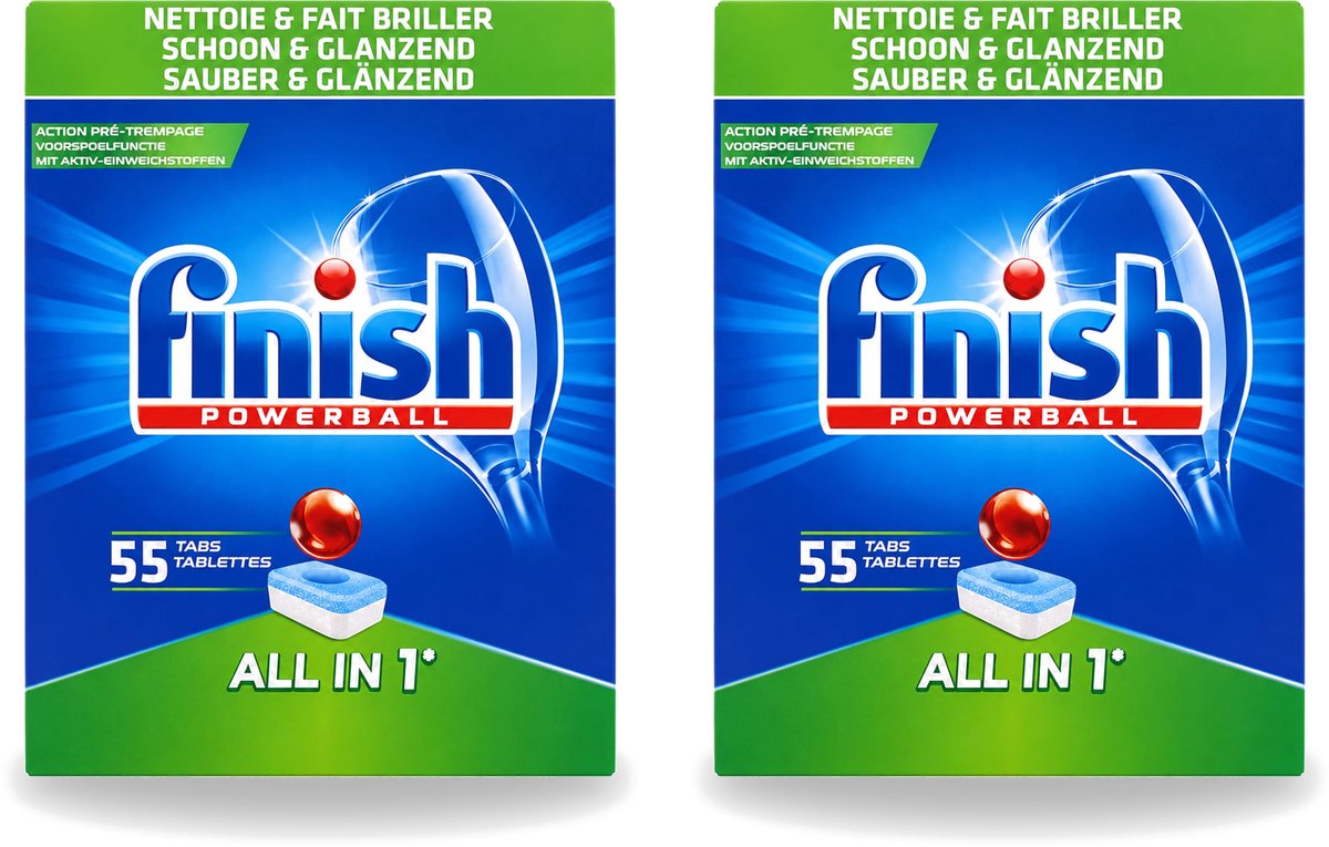 2 x Finish Powerball - All in 1 - Vaatwastabletten - Schoon & Glans - 55 Tabletten - Voordeelverpakking - 2 stuks