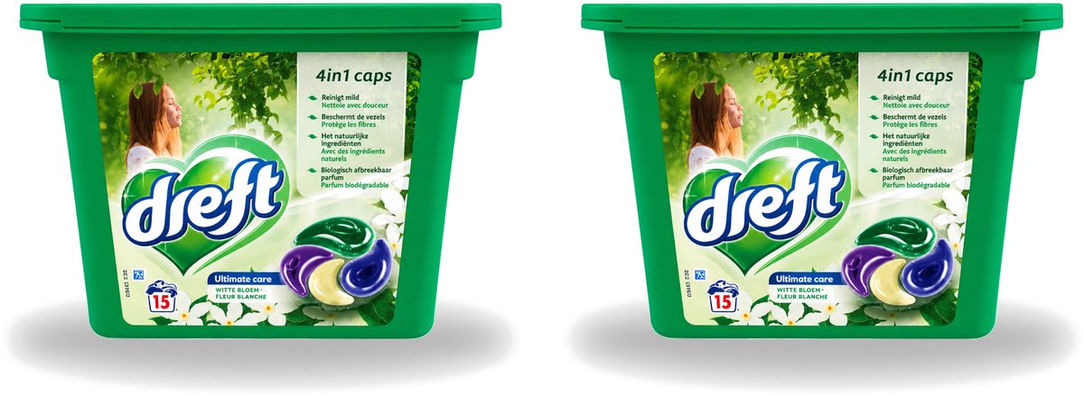 2 x Dreft - Wasmiddelcapsules 4in1 - Witte en Gekleurde Was - Witte Bloem - 15 Wasbeurten - Voordeelverpakking - 2 stuks