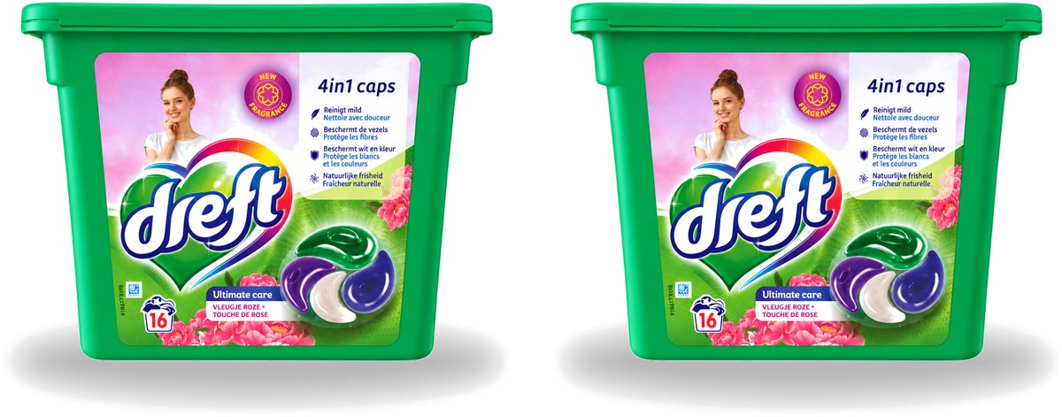 2 x Dreft - Wasmiddelcapsules 4in1 - Witte en Gekleurde Was - Vleugje Roze - 16 Wasbeurten - Voordeelverpakking - 2 stuks