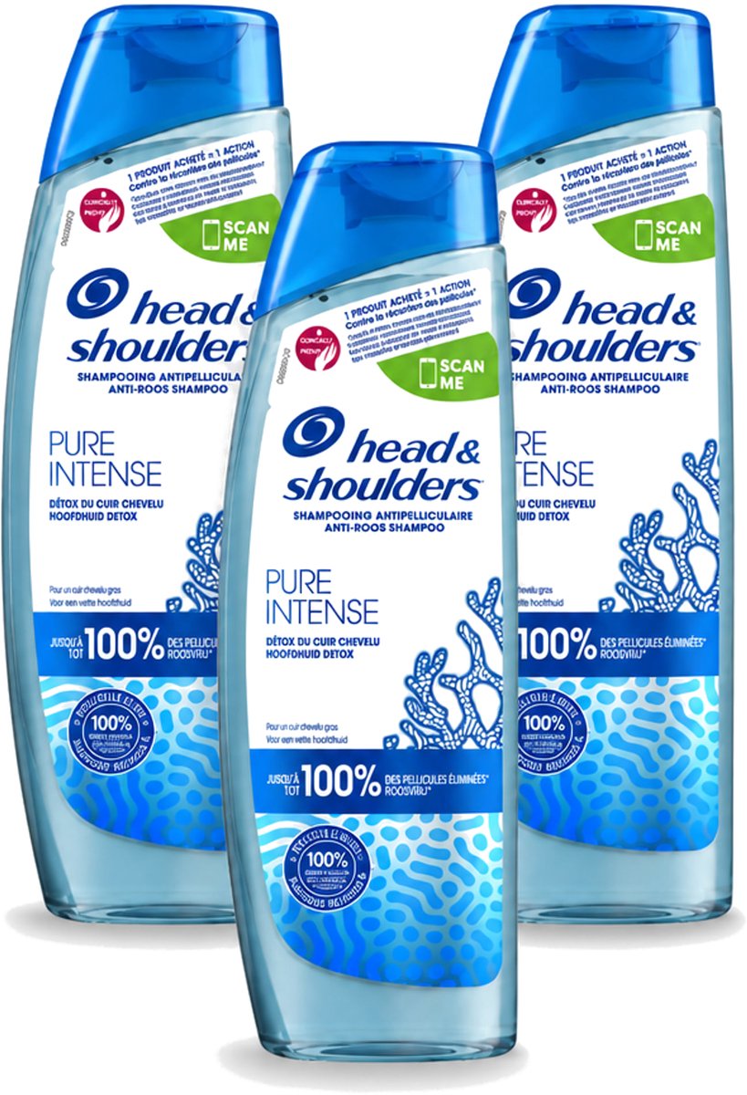 3 x Head & Shoulders - Anti-Roos Shampoo - Pure Intense - Hoofdhuid Detox - 250 ml - Voordeelverpakking - 3 stuks