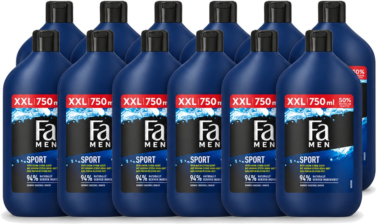 12 x Fa Men - Sport - Douchegel - Groene Citrus - 750 ml - Voordeelverpakking - 12 stuks