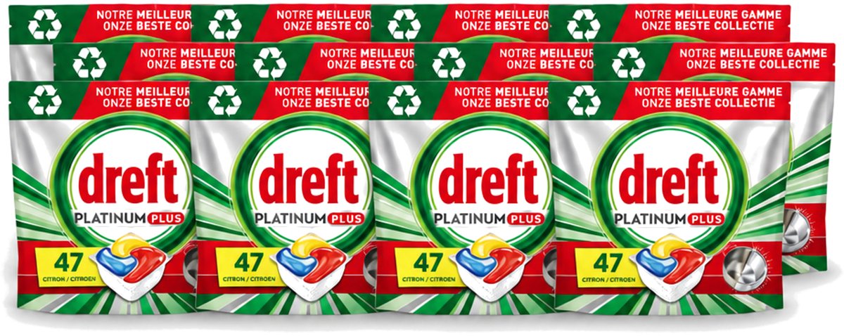 12 x Dreft Platinum Plus - All In One - Vaatwascapsules - Anti-Matt Technologie - Citroen - 47 Afwasbeurten - Voordeelverpakking - 12 stuks
