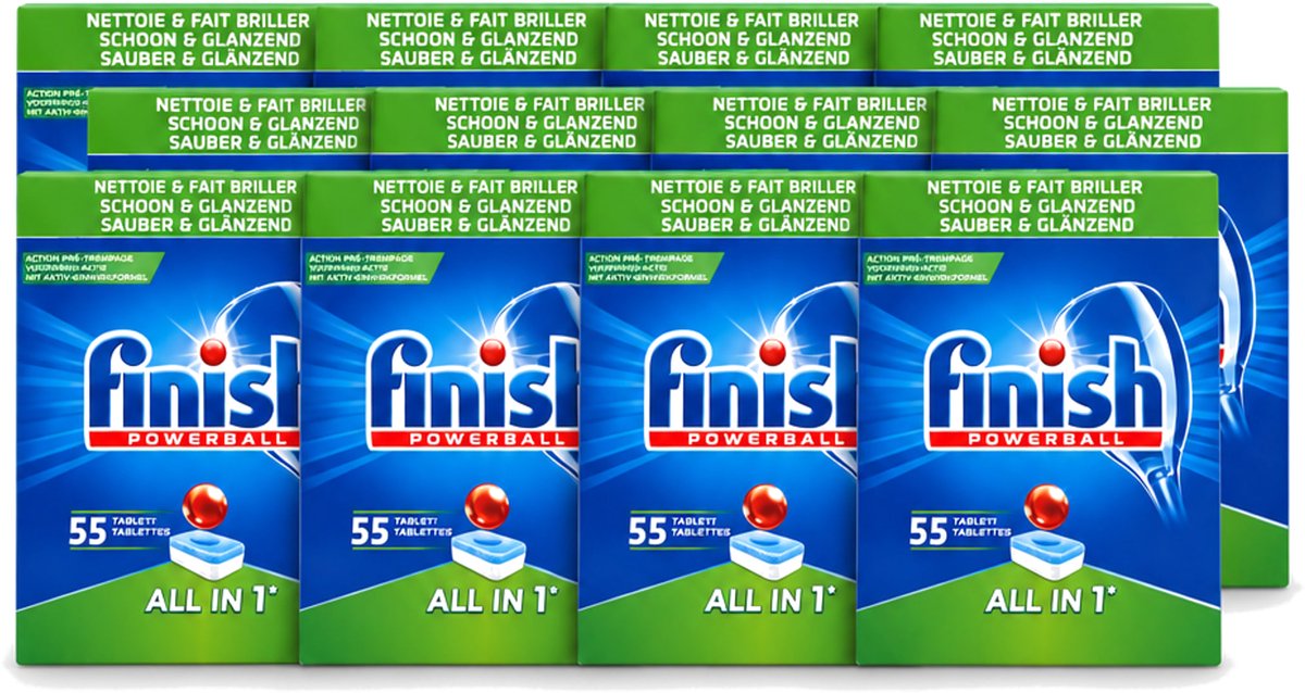 12 x Finish Powerball - All in 1 - Vaatwastabletten - Schoon & Glans - 55 Tabletten - Voordeelverpakking - 12 stuks