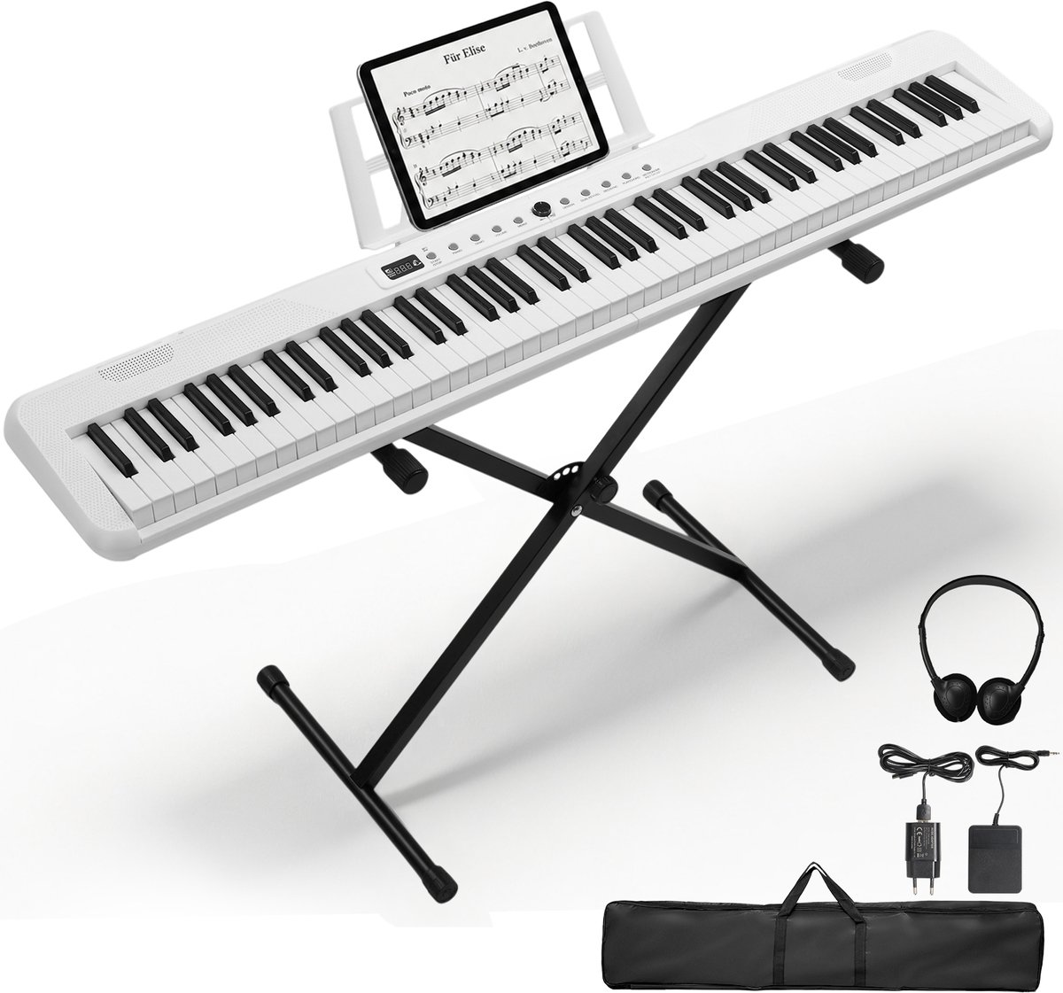 LEADZM Digitale keyboard 88 toetsen- complete set - USB MIDI - 1000 klanken en ritmes - compact wit