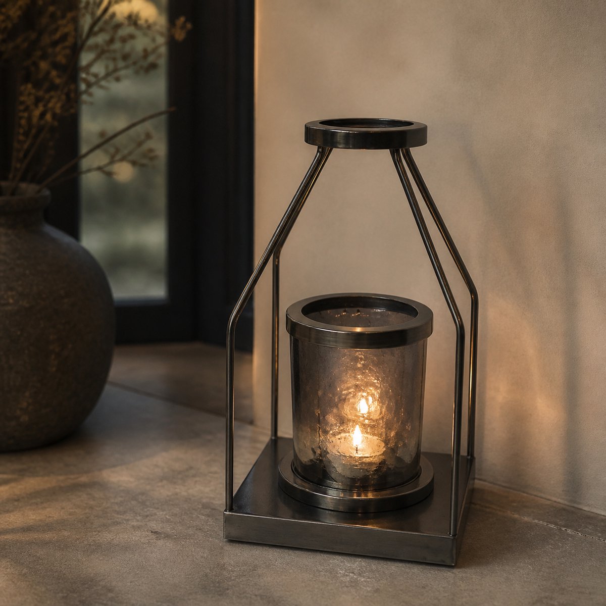 Hoppa! Windlicht - Huisvormig - Nikkel/Grijs - 17 x 17 x 31 (B x D x H)