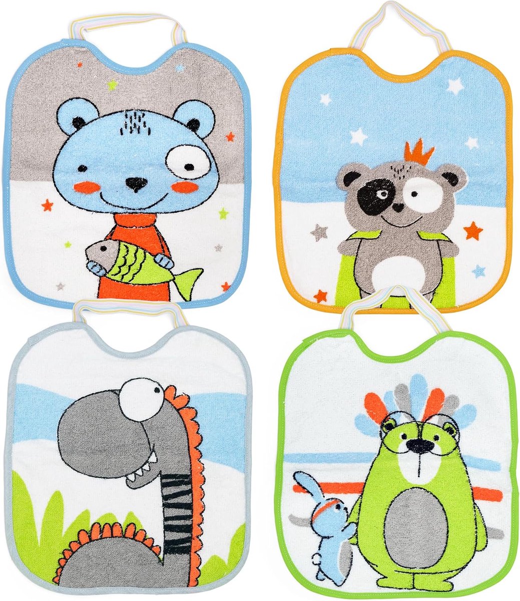 4-pack waterdichte babyslabbetjes met rubberen sluiting 90% katoen 10% polyester met vinylvoering | 4-pack slabbetjes voor baby's jaar