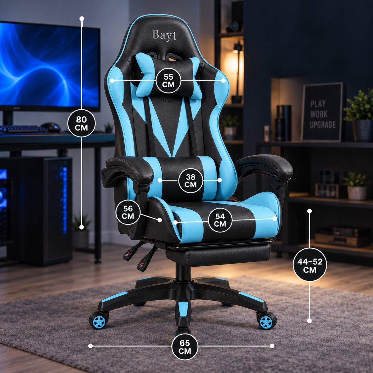 Bayt Gamingstoel Ergonomisch Zwart en Lichtblauw - afbeelding 3