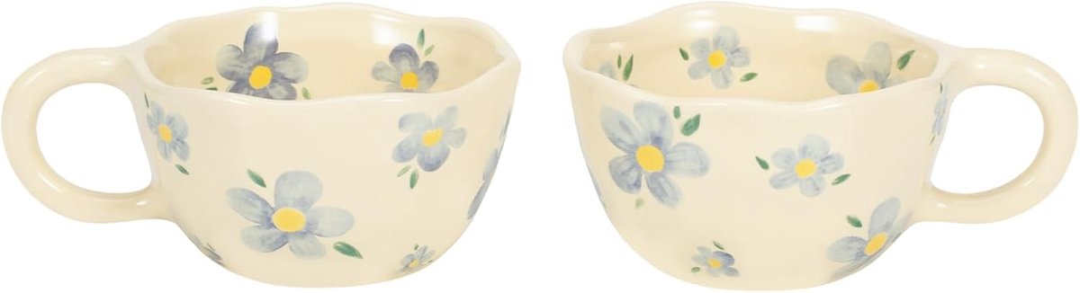 2 Stuks Keramische Koffie Mokkannen, Creatieve Schattige Bloembeker voor Kantoor en Thuis, 250 ml Esthetische Mok voor Latte Thee Melk (2 Blauwe Bloem)