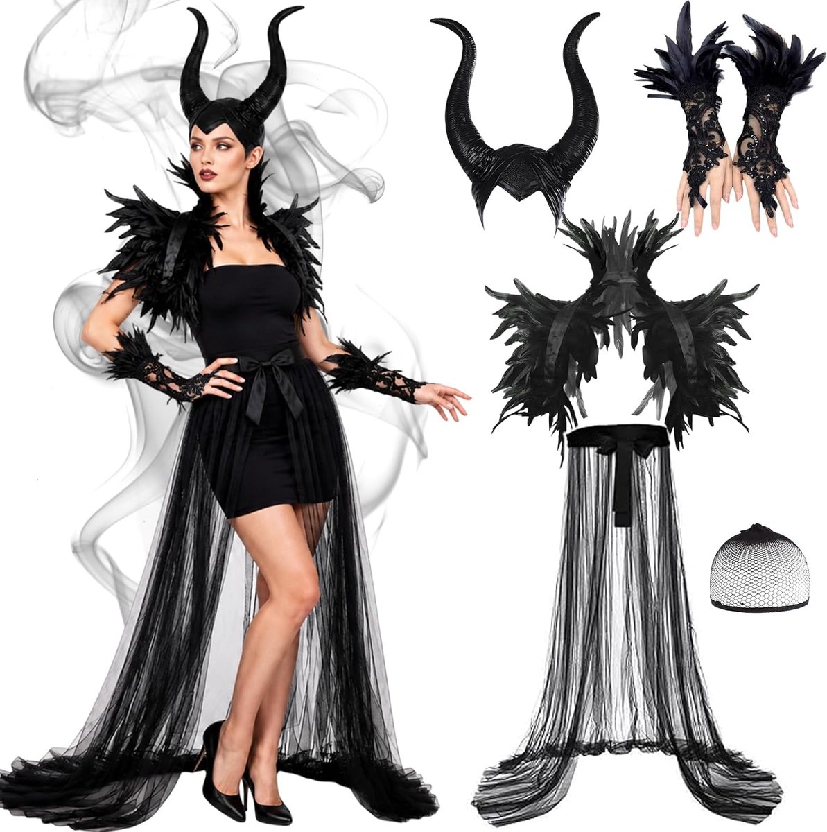 Kostuum voor dames, Halloween-kostuum voor dames, duivelsset, boze koningin jurk met demonenhoorn, haarband, verencape, manchet en tule rok voor carnaval, maskerade, cosplay