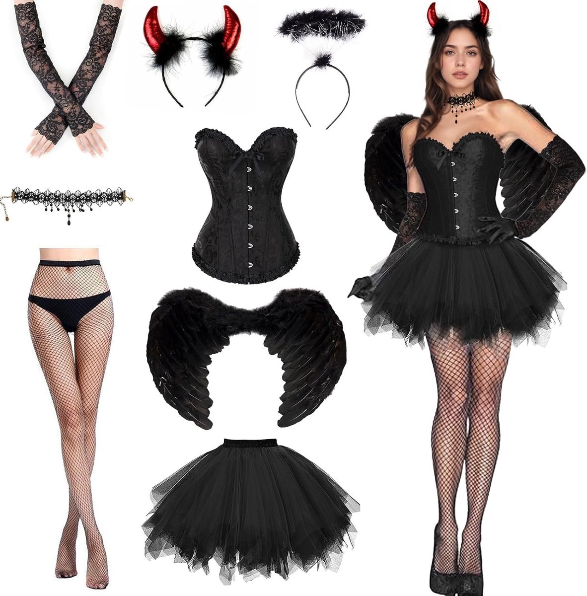 Duivelkostuum, engel- en duivelvleugelkostuum, Halloween-kostuum voor dames, veterkorset top, zwart engelkostuum, duivelsvleugeldecoratie, voor carnaval, themafeest, Halloween