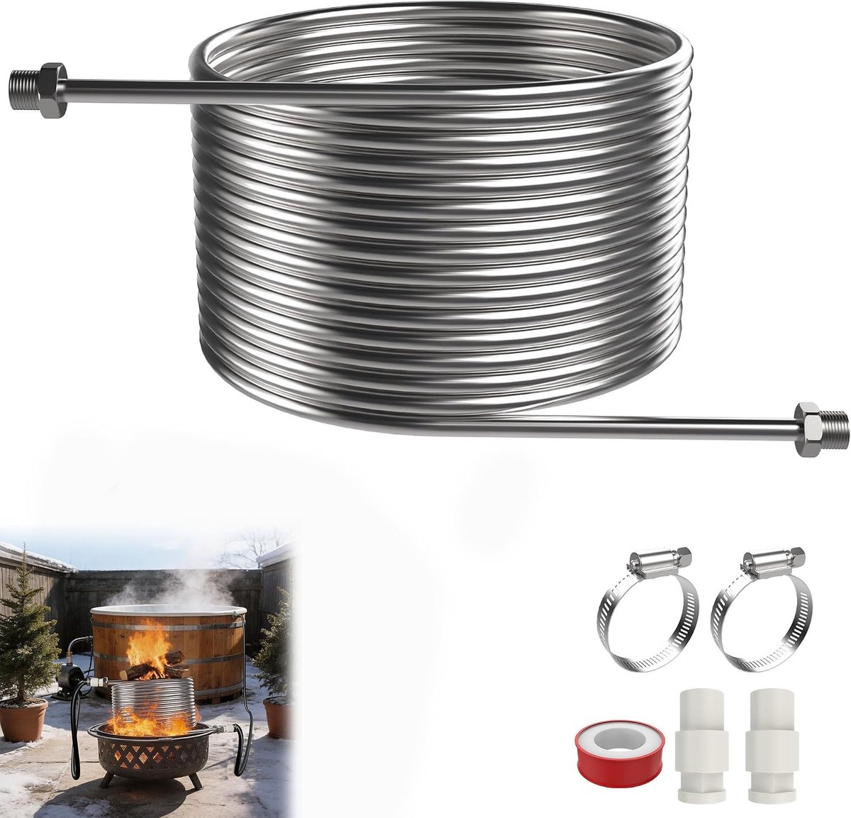 Zwembadverwarming, spiraalverwarmingsbuis, geen stroomvoorziening nodig, 1/2 inch interface, 14 meter lange 304 roestvrijstalen buis, geschikt voor