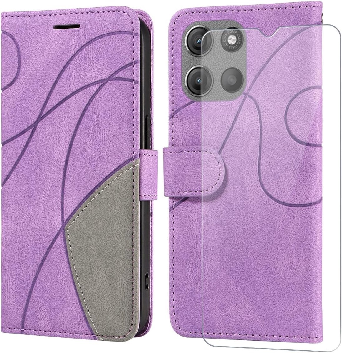 Beschermhoes voor Motorola Moto G17 5G met 1 stuk gehard glas, premium PU-leer, multifunctioneel, magnetisch, portefeuille, flip case, beschermhoes voor Motorola Moto G17 5G, paars