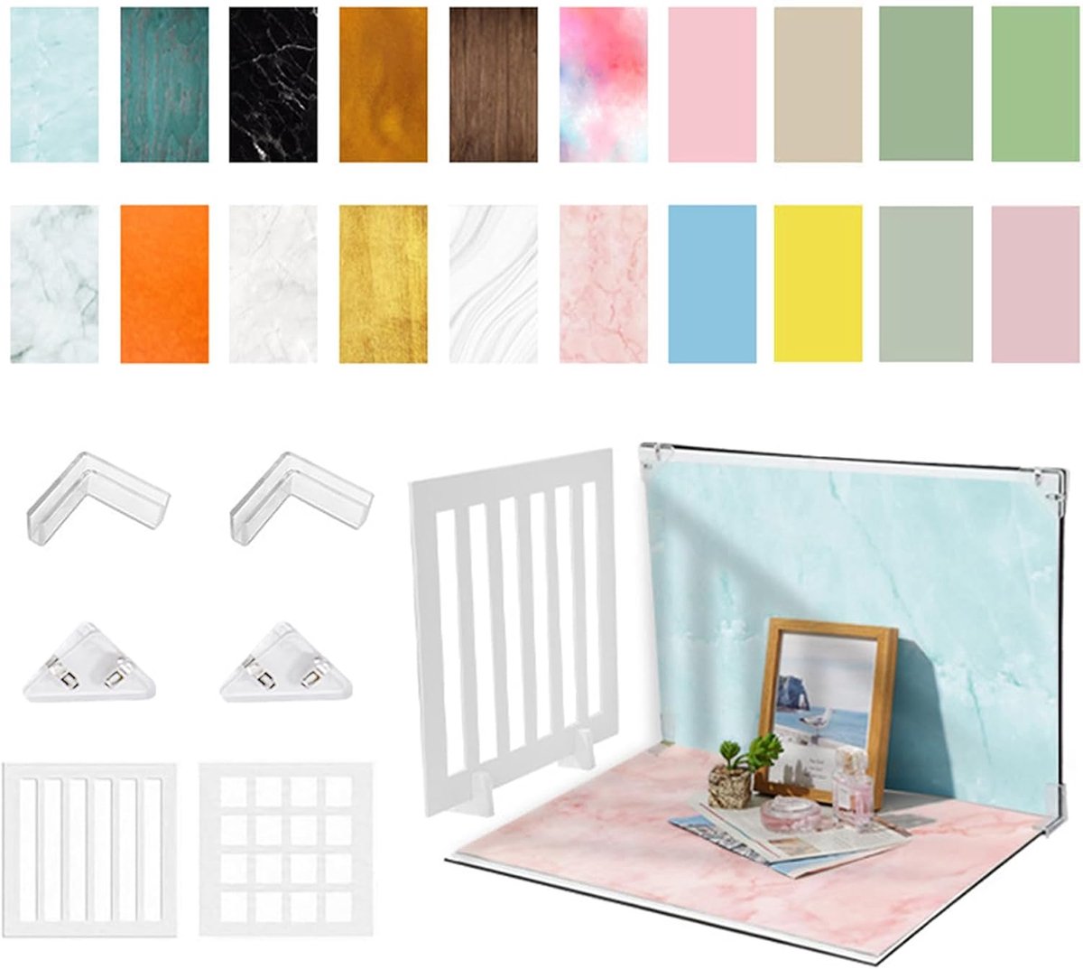 10-delige fotoachtergrondset, 42 x 29 cm, productfotografie, dubbelzijdig opvouwbaar, ideaal voor fotostudio's, sieraden, cosmetica, tafels en bureaus
