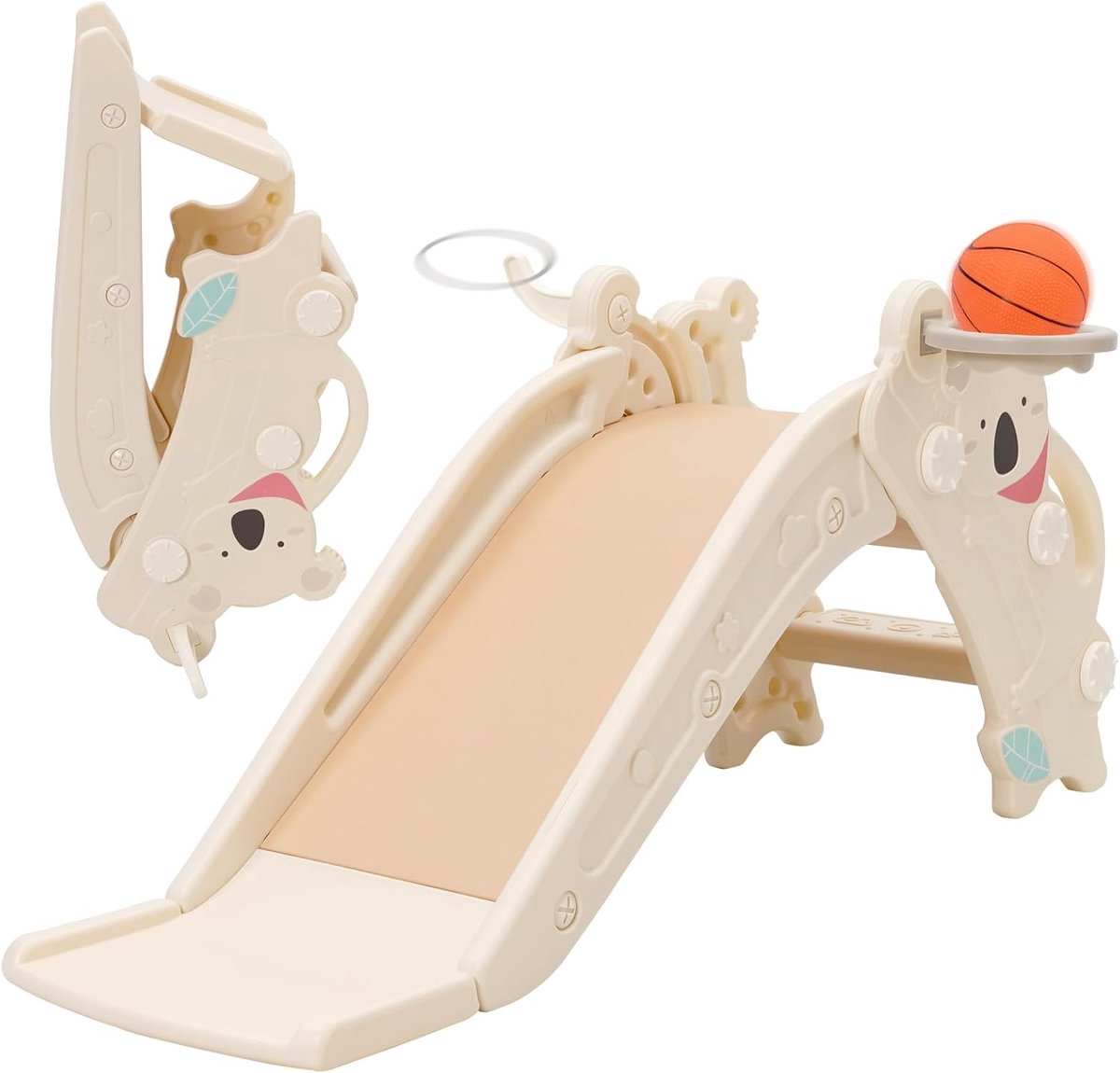Glijbaan voor binnen en buiten, babyglijbaan voor peuters -2 jaar, 2-in-1 kinderglijbaan met basketbalmand en lange glijbaan, stabiele kunststof glijbaan