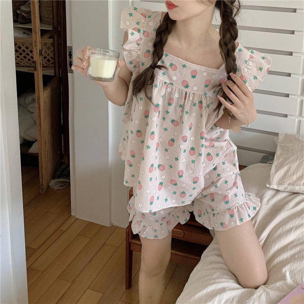 Pyjama Set Met Vierkante Hals En Ruches - Dames Katoenen Geruite Zoete Schattige Kers Aardbei Print Homewear Modieus Nachtkleding Met Korte Mouwen,Zachte Nachtkleding Knop Omhoog Versie Nachtkl